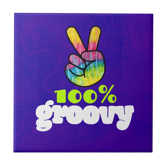 100% Groovy with Rainbow Hand Peace Sign Tile (Front)
