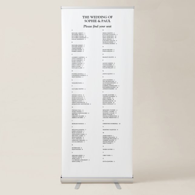 100 Guest Alphabetical Wedding Seating Chart Retractable Banner (Front)