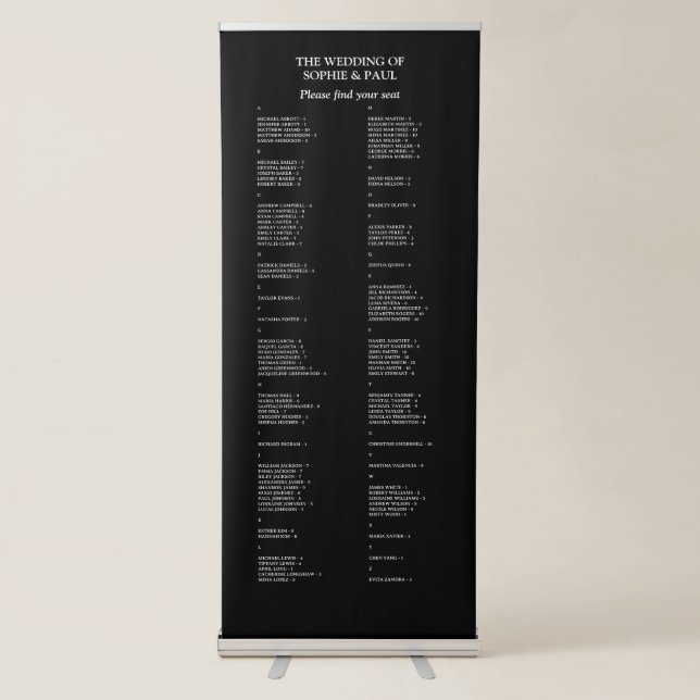 100 Guest Black Alphabetical Seating Chart Retractable Banner (Front)