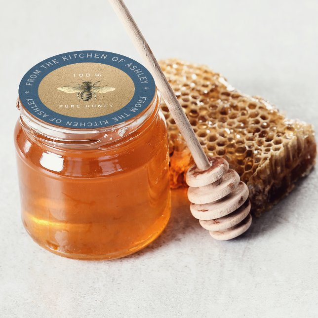 100% Homemade Honey Kitchen Organic Bee Blue Classic Round Sticker (Creator Uploaded)