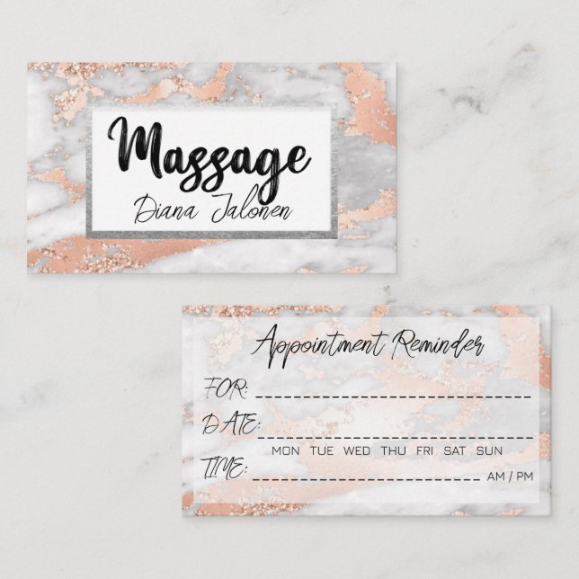 100 Massage Appointment Reminder Pink Marble Business Card (Front/Back)