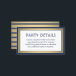 100 Pack Details Enclosure Navy Blue, White & Gold Business Card<br><div class="desc">Compliment navy blue and gold party invitations and provide important information to guests with elegant matching enclosure cards. All wording on this template is simple to customise for any occasion. This card includes the celebration details of your choice such as directions, website, special requests, accommodations, reception, rsvp, etc. The design...</div>