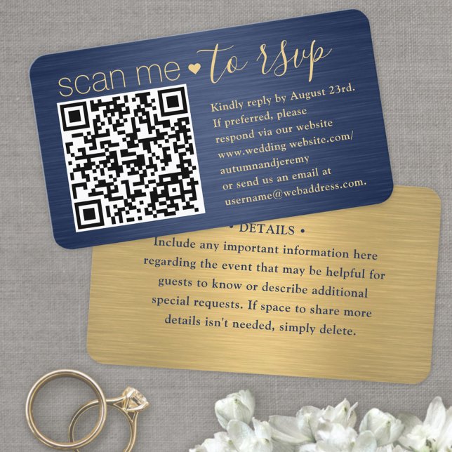 100 Pack Scan Me QR RSVP Blue and Gold Wedding Business Card (Creator Uploaded)