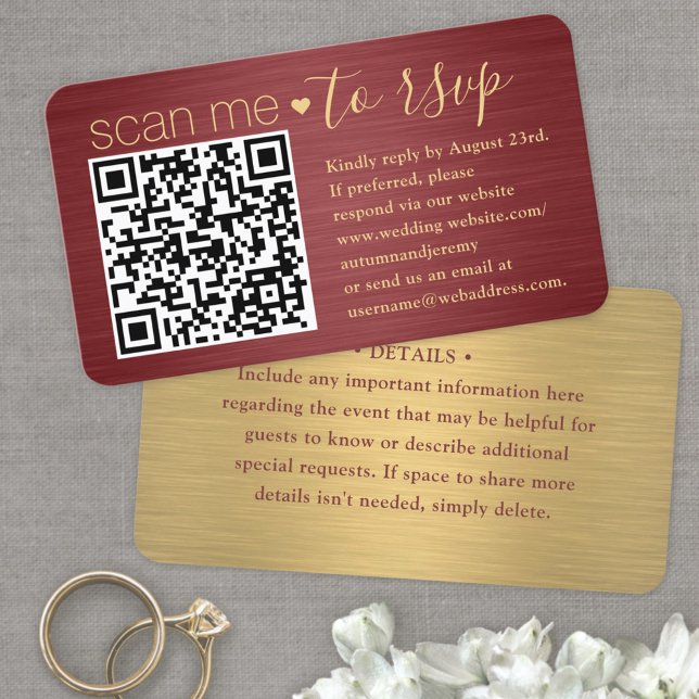 100 Pack Scan Me QR RSVP Burgundy & Gold Wedding Business Card (Creator Uploaded)