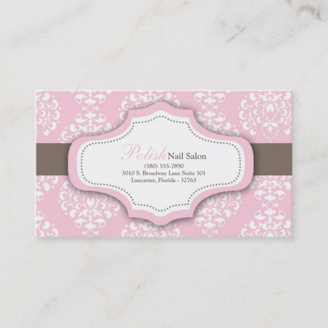 100 Pink Damask Nail Technician Business Card (Front)
