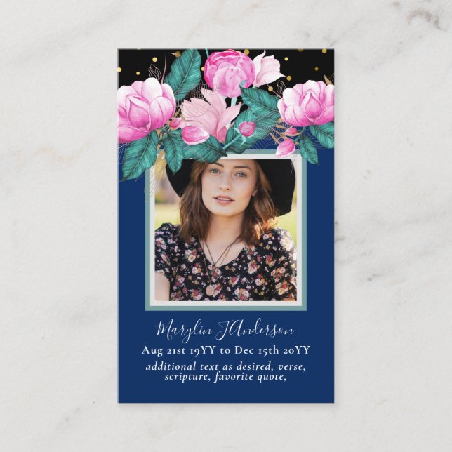 100 Pretty Floral Prayer Funeral Memorial PHOTO Business Card (Front)