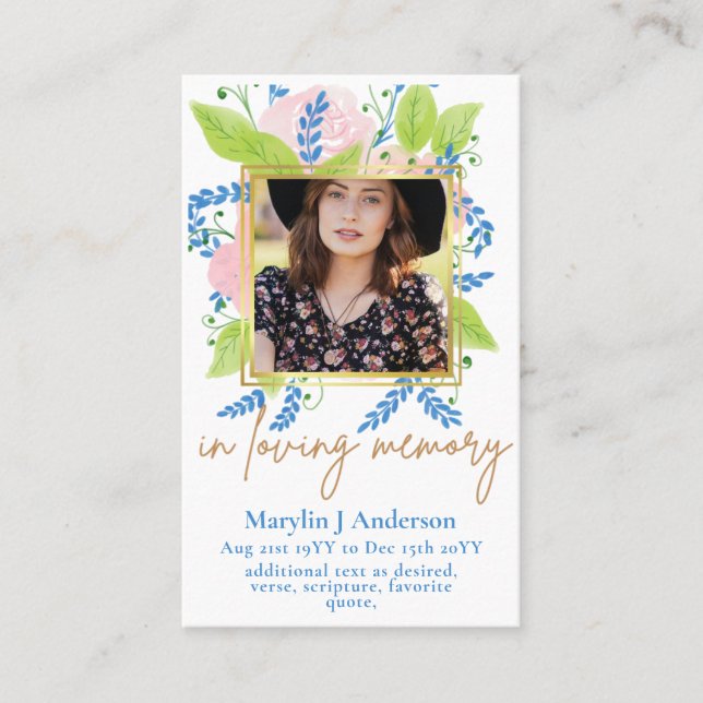 100 Pretty Floral Prayer Funeral Memorial PHOTO Business Card (Front)