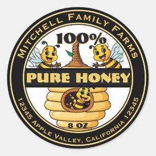 100% Pure Honey Bee Lable Classic Round Sticker