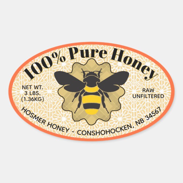 100% Pure Honey Jar Oval Sticker (Front)