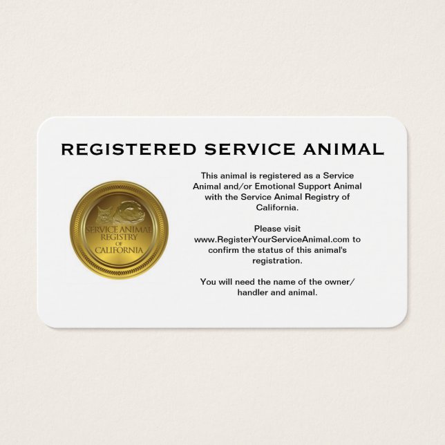 100 Registered Service Animal Business Cards (Front)