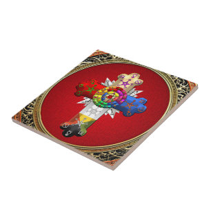 [100] Rosy Cross (Rose Croix) on Red & Gold Tile