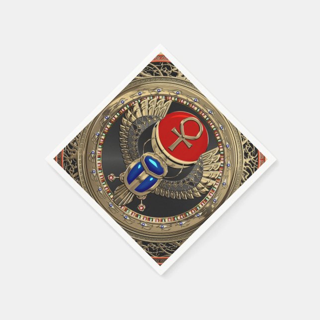 [100] Sacred Gold Egyptian Winged Scarab with Ankh Napkin (Corner)
