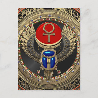 [100] Sacred Gold Egyptian Winged Scarab with Ankh Postcard