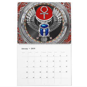 [100] Sacred Silver Egyptian Winged Scarab & Ankh Calendar