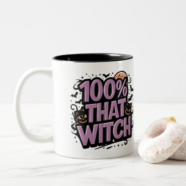 100% That Witch Halloween Personalized Two-Tone Coffee Mug (With Donut)