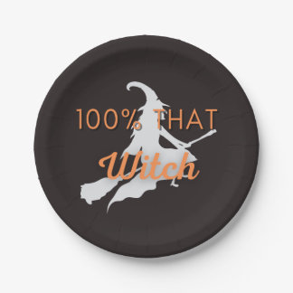 100% That Witch Orange Gray Black Halloween Party Paper Plate