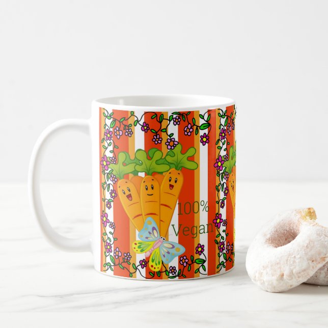 100% Vegan Carrots, Floral Orange Stripe Mug (With Donut)