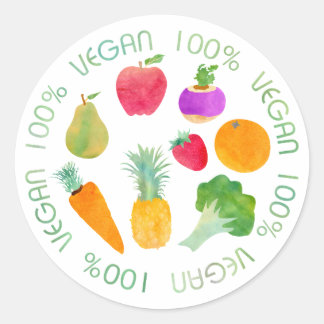 100% Vegan Fruit and Vegetable Watercolor Classic Round Sticker