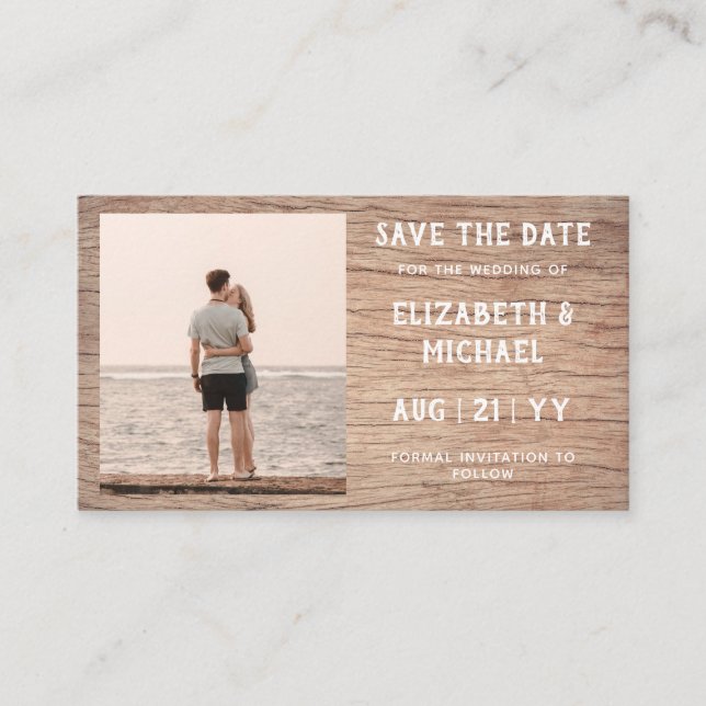 100 x BUDGET Photo Save Date RUSTIC Wood Wedding Business Card (Front)
