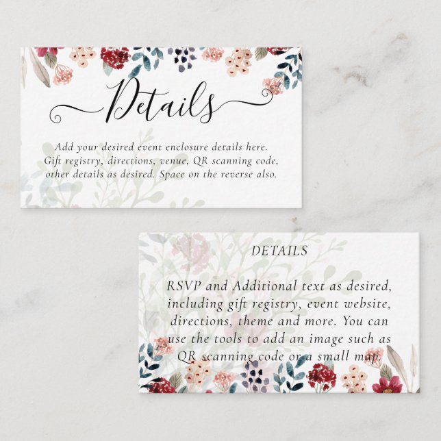 100 x Dusty Blue Burgundy Floral Wedding Details Business Card (Front/Back)