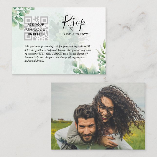 100 x QR CODE WEDDING RSVP Eucalyptus PHOTO Budget Business Card (Front/Back)