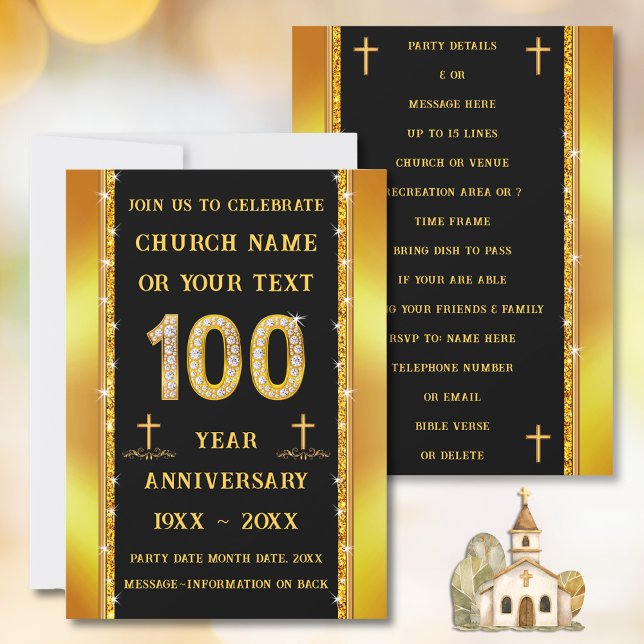 100 Year Church Anniversary, STUNNING Diamond Invitation (100 year church anniversary invitations. Black and Gold, 100th church anniversary. )