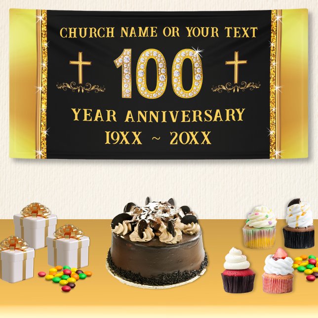 100 Year Church Anniversary Themes, Black and Gold Banner (100th Church Anniversary, Banner. 100th church anniversary decorations. 100 year church celebration.)