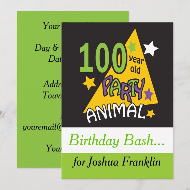 100 Year Old Party Animal - 100th Birthday Invitation (Front/Back)