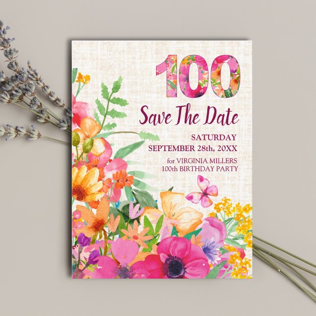 100 Years Flowers Floral Linen 100th Birthday Announcement Postcard (Creator Uploaded)