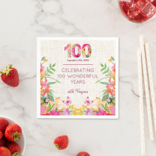 100 Years Flowers Floral Linen 100th Birthday Napkin