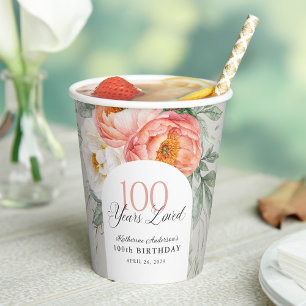 100 Years Loved Feminine Floral 100th Birthday Paper Cups