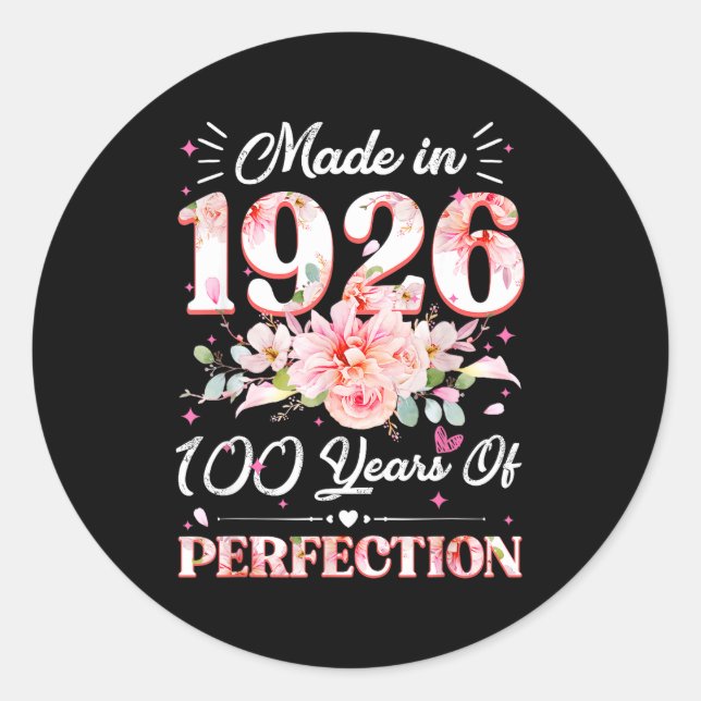 100 Years Old Made In 1926 Floral 100th Birthday W Classic Round Sticker (Front)