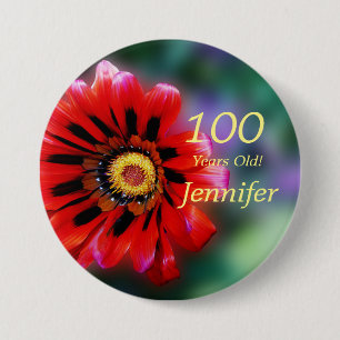 100 Years Old, Vivid Red Gazania Flower Button Pin