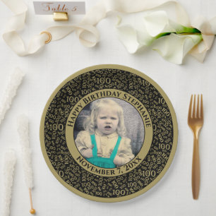 100 Your Photo Random Number Pattern Black/Gold Paper Plate
