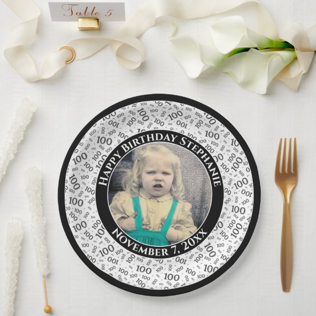 100 Your Photo Random Number Pattern Black/White Paper Plate (Wedding)