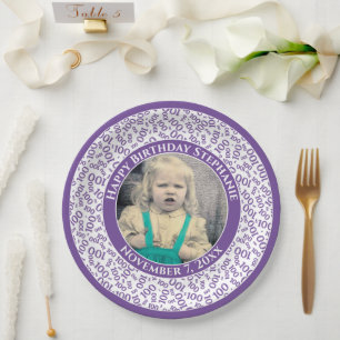 100 Your Photo Random Number Pattern Purple/White Paper Plate