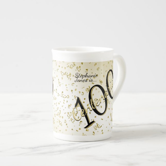 100 Yrs Centenarian Birthday Black/Gold Text Bone China Mug (Front Right)