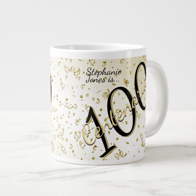 100 Yrs Centenarian Birthday Black/Gold Text Large Coffee Mug (Front Right)