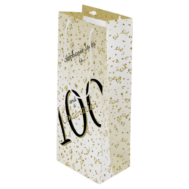 100 Yrs Centenarian Birthday Black/Gold Text Wine Gift Bag (Front Angled)