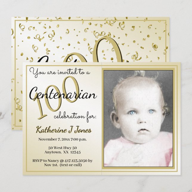 100 Yrs Centenarian Birthday Party Black/Gold Invitation (Front/Back)