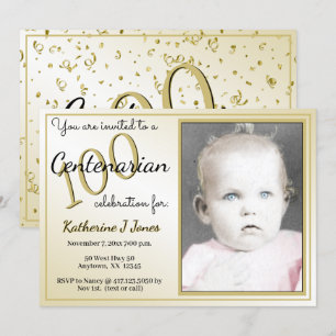 100 Yrs Centenarian Birthday Party Black/Gold Invitation