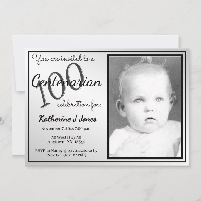 100 Yrs Centenarian Birthday Party Black/White Invitation (Front)