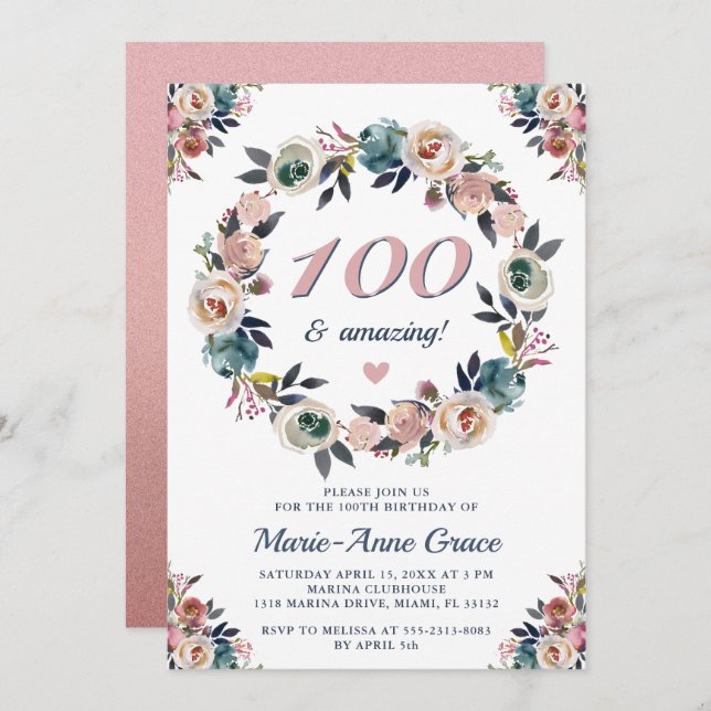 100th Anniversary Birthday Party Floral Ladies Invitation (Front/Back)
