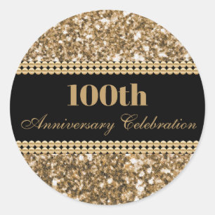 100th Anniversary Celebration Gold Glitter Pearls Classic Round Sticker