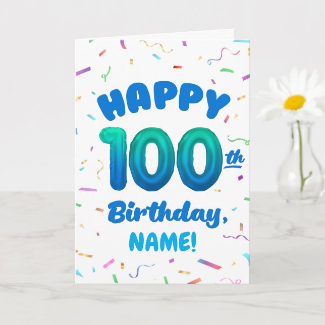 100th Balloon Number Custom Name Birthday Card (Small Plant)