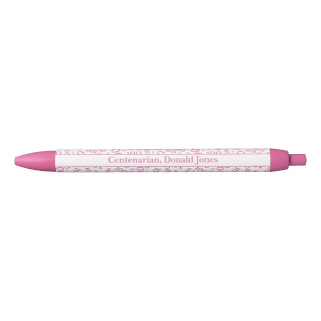 100th Birthday Age Number Pattern Pink/Whlte Black Ink Pen (Front)