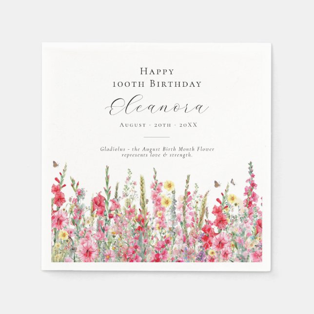 100th Birthday August Birth Flower Custom Napkin (Front)