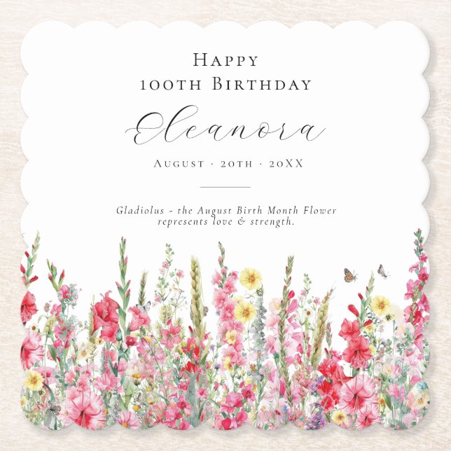 100th Birthday August Birth Flower Custom Paper Coaster (Front)