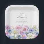 100th Birthday August Birth Flower Party Supplies Paper Plate<br><div class="desc">Perfect table decor for a September birthday party. Aster is the birth flower for that month. It forms a pretty watercolor bottom border on this floral personalised paper plate. The birthday guest of honour's name, age and birthdate are placed above it using elegant calligraphy and typography. All text is editable....</div>