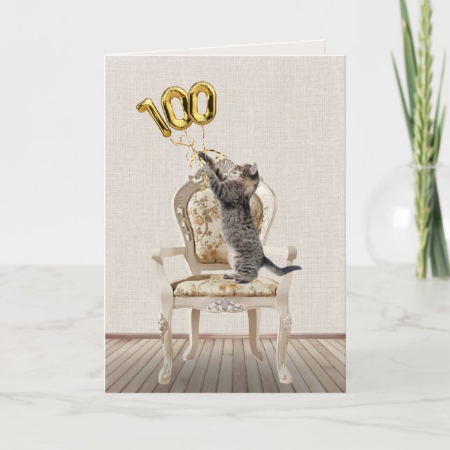 100th Birthday Balloons and Tabby Cat Card (Front)